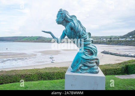 Neue, Statue, in, NewQuay, New Quay, Newquay, einem beliebten, Angeln, Küsten-, Dorf, Stadt, gängigen, für, Dolphin, Beobachten, Boot, Ausflüge, West Wales, Wales, Welsh, UK, GB, Stockfoto