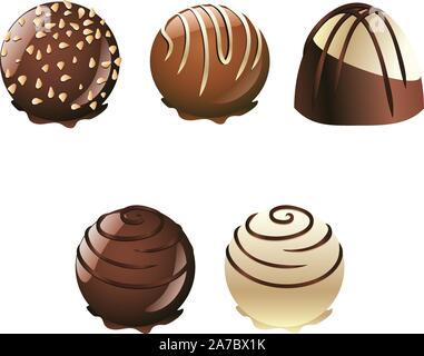 Satz von weißer und brauner Schokolade Bonbons mit Dekorationen. Stock Vektor