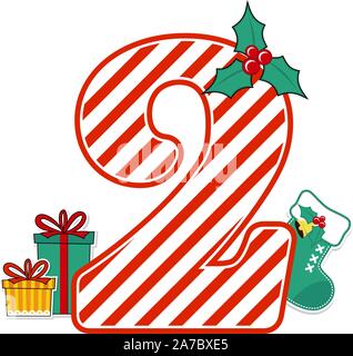 Nummer 2 mit roten und weißen Zuckerstange Muster und Weihnachten Design Elemente auf weißem Hintergrund. Kann für Saison Karte verwendet werden, nurser Stock Vektor