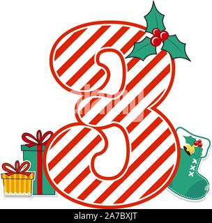 Nummer 3 mit roten und weißen Zuckerstange Muster und Weihnachten Design Elemente auf weißem Hintergrund. Kann für Saison Karte verwendet werden, nurser Stock Vektor