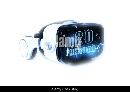 Februar 20th. 20. Tag des Monats, Kalender Datum Monat und Tag leuchtet auf Virtual reality Helm oder VR-Brille. Virtuelle Technologien, Zukunft, 3D-Realität, v Stockfoto