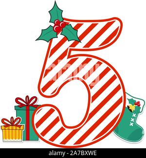 Nummer 5 mit roten und weißen Zuckerstange Muster und Weihnachten Design Elemente auf weißem Hintergrund. Kann für Saison Karte verwendet werden, nurser Stock Vektor