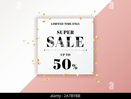 Verkauf banner rosa Hintergrund und Gold Ribbon Elemente mit weißen rechteckigen Rahmen Platz für Ihren Text. Vector Illustration Stock Vektor