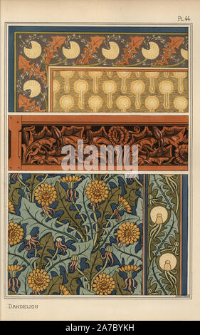 Löwenzahn im Jugendstil Muster für Gewebe, geschnitzte Grenze und Tapeten. Von M. S. Verneuil mit Pochoir (Schablone) handcoloring aus Eugene Grasset's "Pflanzen und ihre Anwendung zu Ornament", Paris, 1897 Lithographie. Eugene Grasset (1841-1917) war ein Schweizer Künstler, dessen innovative Designs der "Art Nouveau"-Bewegung am Ende des 19. Jahrhunderts inspiriert. Stockfoto