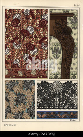 Löwenzahn im Jugendstil Muster für geschnitzte Möbel, Spitzen und Stoffe. Von J. Milesi mit Pochoir (Schablone) handcoloring aus Eugene Grasset's "Pflanzen und ihre Anwendung zu Ornament", Paris, 1897 Lithographie. Eugene Grasset (1841-1917) war ein Schweizer Künstler, dessen innovative Designs der "Art Nouveau"-Bewegung am Ende des 19. Jahrhunderts inspiriert. Stockfoto