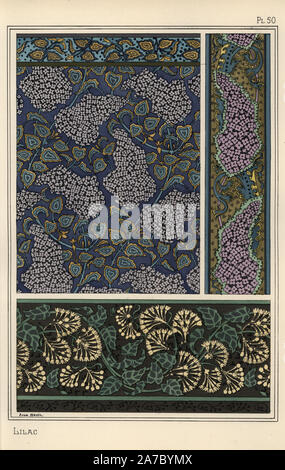 Flieder in Jugendstil Muster für Tapete und Stoff. Von Anna Martin mit Pochoir (Schablone) handcoloring aus Eugene Grasset's "Pflanzen und ihre Anwendung zu Ornament", Paris, 1897 Lithographie. Eugene Grasset (1841-1917) war ein Schweizer Künstler, dessen innovative Designs der "Art Nouveau"-Bewegung am Ende des 19. Jahrhunderts inspiriert. Stockfoto