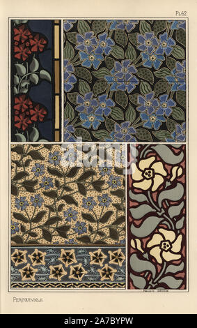 Periwinkle im Jugendstil Muster für Tapete, Glas und Stoffen. Von Marcelle Gaudin mit Pochoir (Schablone) handcoloring aus Eugene Grasset's "Pflanzen und ihre Anwendung zu Ornament", Paris, 1897 Lithographie. Eugene Grasset (1841-1917) war ein Schweizer Künstler, dessen innovative Designs der "Art Nouveau"-Bewegung am Ende des 19. Jahrhunderts inspiriert. Stockfoto