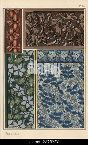 Periwinkle im Jugendstil Muster für Tapeten, Stoff, Grenze und Holzschnitzereien. Von Anna Martin mit Pochoir (Schablone) handcoloring aus Eugene Grasset's "Pflanzen und ihre Anwendung zu Ornament", Paris, 1897 Lithographie. Eugene Grasset (1841-1917) war ein Schweizer Künstler, dessen innovative Designs der "Art Nouveau"-Bewegung am Ende des 19. Jahrhunderts inspiriert. Stockfoto