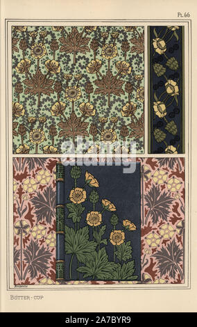 Buttercup im Jugendstil Muster für Hintergrundbilder und ein Buch verbindlich. Durch A. Poidevin mit Pochoir (Schablone) handcoloring aus Eugene Grasset's "Pflanzen und ihre Anwendung zu Ornament", Paris, 1897 Lithographie. Eugene Grasset (1841-1917) war ein Schweizer Künstler, dessen innovative Designs der "Art Nouveau"-Bewegung am Ende des 19. Jahrhunderts inspiriert. Stockfoto