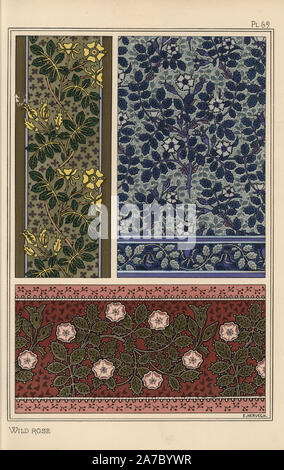 Wild Rose im Jugendstil Muster für Tapeten, Bordüren und Stoffe. Durch E.Hervegh mit Pochoir (Schablone) handcoloring aus Eugene Grasset's "Pflanzen und ihre Anwendung zu Ornament", Paris, 1897 Lithographie. Eugene Grasset (1841-1917) war ein Schweizer Künstler, dessen innovative Designs der "Art Nouveau"-Bewegung am Ende des 19. Jahrhunderts inspiriert. Stockfoto