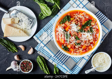 Italienische borlotti oder cranberry Bohnen Suppe mit Sellerie, Gemüse, Spinat, Parmesan und Tomaten in einer weißen Schüssel auf einen konkreten Tisch, horizontale Ansicht Stockfoto