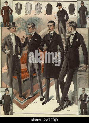 Männer in Abendgarderobe aus den 1920er Jahren im Tuxedo, Gamaschen, Bow-tie, Hut und Stöcke. Chromolithograph aus einem Katalog von männlichen Winter Mode aus Bruner Wollsachen, 1920. Stockfoto