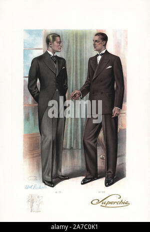 Mann in formale Abnutzung mit Long-tailed Jacke über Gestreifte Hose und Mann im Zweireiher mit breiten Revers. Farbe gedruckt Mode Platte von W. A. Richards aus dem Winter Katalog der Superchic, London, 1929. Stockfoto