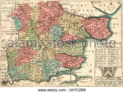 Vintage Karte von Essex, Radierung von Böhmische Kupferstecher Wenzel Hollar aus 1600s Stockfoto