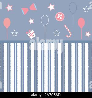 Baby-dusche-Tapete mit, Bonbons, Luftballons, Buttons, bunten blauen Streifen, etc. Vector Illustration Stock Vektor