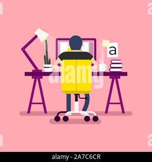 Grafik Design Arbeitsbereich. Designer auf dem Schreibtisch, Ansicht von hinten. Stock Vektor