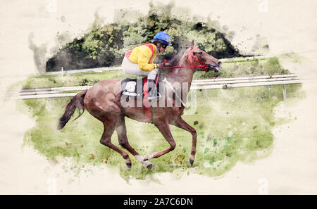 Racing Pferd und Jockey in Aquarell Abbildung Stockfoto