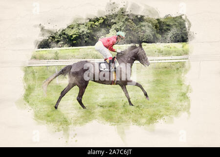 Racing Pferd und Jockey in Aquarell Abbildung Stockfoto