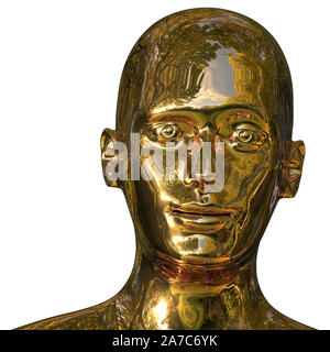Roboter Eisen Kopf goldenen Mann android Gesicht solide poliert. Futuristischer cyborg Android freundlich künstliche AI Charakter portrait Metallic. 3D-Rendering Stockfoto