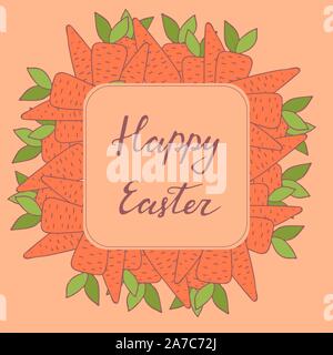 Handdrawn Rahmen mit Ostern Karotte Dekoration. Hand Schriftzug Grussformel Frohe Ostern. Mit rechteckigem Rahmen für Begrüßungen, saisonalen Verkäufe, Plakate, Werbe Stock Vektor