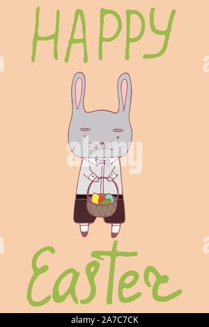 Handdrawn Ostern Grußkarte mit banny/Rabit/chikend und Henne/Karotte/Drachen. Hand Schriftzug Grussformel Frohe Ostern. Niedlich Poster mit Gruß Stock Vektor