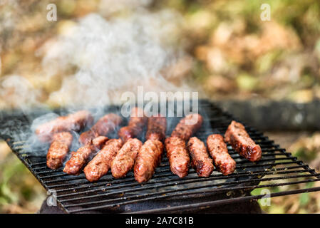 Balkan Küche Schwein Cevapi, gegrillte Hackfleisch, auf dem improvisierten Grill Stockfoto