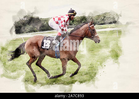 Racing Pferd und Jockey in Aquarell Abbildung Stockfoto