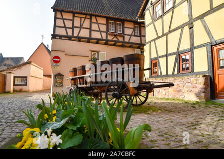 Eguisheim, Frankreich - 24. März 2019: Straße mit Fachwerkhäuser mittelalterlichen Häuser in Eguisheim Dorf an der berühmten Weinstraße im Elsass. Stockfoto