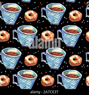 Nahtlose Muster mit Kaffeebecher und Krapfen. Aquarell Abbildung. Kaffee mit Kondensmilch in eine Tasse grünen Meer auf einem schwarzen Hintergrund. Leningrad Stockfoto