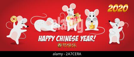 Jahr der Ratte 2020, Frohes Neues Jahr Januar 4th, Rotes Banner mit tanzenden Ratten und die Inschrift auf Chinesisch - Frohes Chinesisches neues Jahr, Vektor Stock Vektor