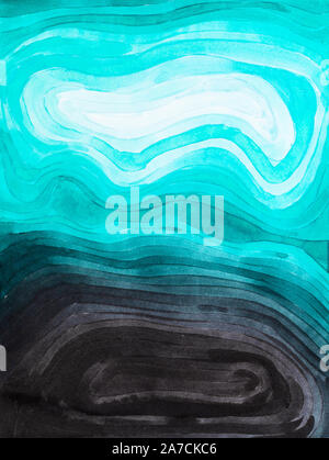 Blauer Himmel und dunkle Erde - abstraktes Muster von gradient Kreise hand von Cyan und Schwarz Aquarelle auf weißem Papier gezeichnet Stockfoto