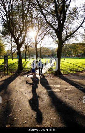 Ein Läufer genießt den Herbst am späten Nachmittag die Sonne durch die Bäume auf der Ebene in Brighton Foto aufgenommen von Simon Dack Stockfoto