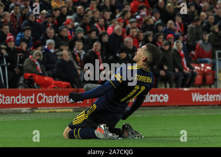 30. Oktober 2019, Liverpool, Liverpool, England; Carabao Schale, Liverpool V Arsenal: Lucas Barcelos (11) von Arsenal feiert sein Ziel Credit: Mark Cosgrove/News Bilder Stockfoto