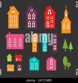 Weihnachten abstrakten Stil Häuser. Vektor einrichten von Illustrationen von farbigen Häusern. Designelemente für Karten, Plakate, Banner. Stock Vektor
