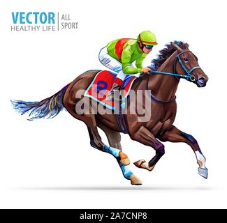 Jockey auf Racing Pferd. Sport. Champion. Das hippodrom. Rennstrecke. Pferdesport. Derby. Geschwindigkeit. Auf weissem Hintergrund. Vector Illustration Stock Vektor