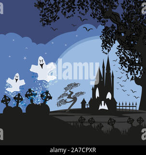 Halloween-Landschaft mit geisterhafte Figur und Friedhof Stockfoto