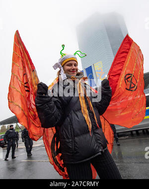 01 November 2019, Hessen, Frankfurt/Main: Als Schmetterling verkleidet, diese Frau ist Teil des 'Aussterben Rebellion" Protestbewegung, die Teilnahme an einer Kundgebung vor dem Sitz der EZB im Hinblick auf die Einweihung des neuen EZB-Präsident Lagarde. Foto: Boris Roessler/dpa Stockfoto