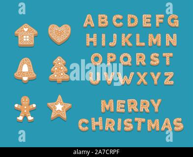 Lebkuchen cookie Sammlung, Süße Weihnachten Alphabet und Cookies. Vector Illustration im flachen Stil Stock Vektor