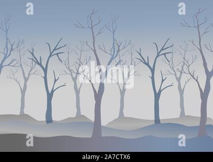 Winter Bäume im Hintergrund. Winter Landschaft mit Bäumen, Nebel. Bewölkt nebligen Tag. Vector Illustration Stock Vektor