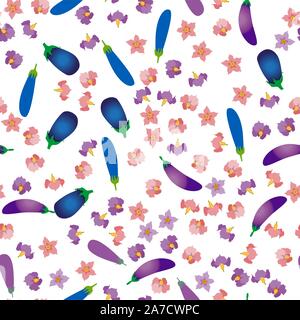 Nahtlose Muster Gemüse Aubergine mit Blüten und Blätter Stock Vektor