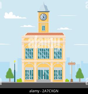 Hotelgebäude von Vector Illustration. Regierung Gebäude auf der Straße flacher Stil. Urban Landscape Design. Phuket Thailand Gebäude mit Stadtbild Stock Vektor
