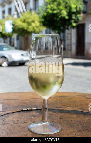 Sherry Wein Tasting, trocken oder Palomino Fino, Manzanilla Jerez mit Alkohol angereicherter Wein in Gläsern, Jerez de la Frontera, Andalusien, Spanien in der Nähe von Stockfoto
