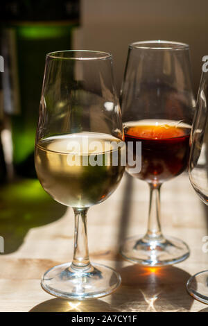 Sherry Weinprobe im Weinkeller, Auswahl an verschiedenen Jerez angereicherte Weine von trocken bis sehr süß in Gläsern, Jerez de la Frontera, Andalusien, Stockfoto
