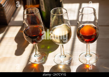 Sherry Weinprobe im Weinkeller, Auswahl an verschiedenen Jerez angereicherte Weine von trocken bis sehr süß in Gläsern, Jerez de la Frontera, Andalusien, Stockfoto