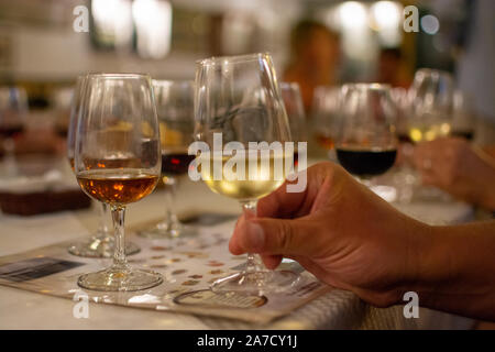 Sherry Weinprobe im Weinkeller, Auswahl an verschiedenen Jerez angereicherte Weine von trocken bis sehr süß in Gläsern, Jerez de la Frontera, Andalusien, Stockfoto