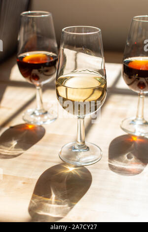 Sherry Weinprobe im Weinkeller, Auswahl an verschiedenen Jerez angereicherte Weine von trocken bis sehr süß in Gläsern, Jerez de la Frontera, Andalusien, Stockfoto