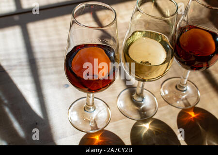 Sherry Weinprobe im Weinkeller, Auswahl an verschiedenen Jerez angereicherte Weine von trocken bis sehr süß in Gläsern, Jerez de la Frontera, Andalusien, Stockfoto
