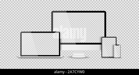 Geräte in realistischen trendiges Design auf transparentem Hintergrund. Satz von Computer laptop Tablet und Smartphone mit leeren Bildschirmen. Mock up. Leerer Bildschirm Ich Stockfoto