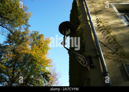 Hausfassade mit wilder Wein im Herbst in einem Park fotografiert überwachsen Stockfoto