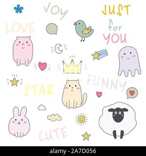 Set lustige süße Tiere, doodle Vector Illustration Stock Vektor